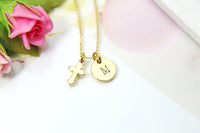 Gold Cross Charm Necklace, 18K Gold Plate Cross Charm, Stamp Initial or Zodiac Constellations, Personalized Gift, N2173