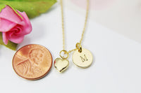 Gold Heart  Charm Necklace, 18K Gold Plated Heart Charm, Dainty Necklace, Stamp Initial or Zodiac Constellations, Personalized Gift, N2178