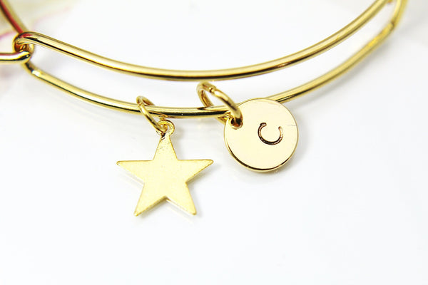 Gold North Star Charm Bracelet, 18K Gold Plated Star, Stainless Steel Bracelet, Personalized Initial or Zodiac Constellations Gifts, N2180