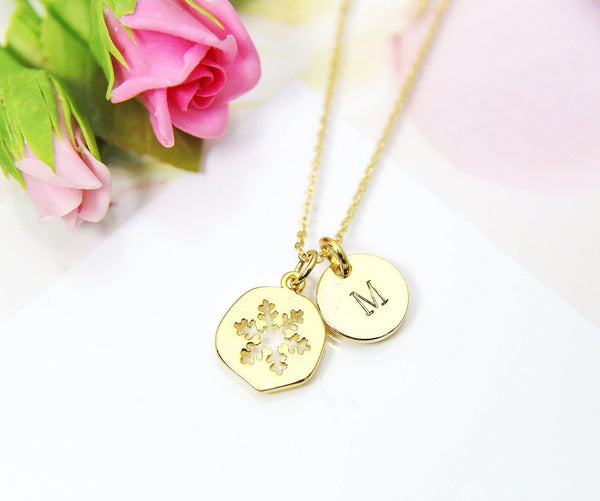 Gold Snowflake Charm Necklace, 18K Gold Plated Snowflake Charm, Hand Stamp Personalized Initial or Zodiac Constellations Gift, N2183