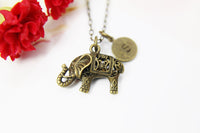 Bronze Elephant Charm Necklace, Wild Animal Charm, Initial Necklace, Personalized Jewelry, N2279