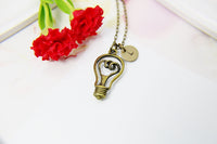 Best Christmas Gift, Bronze Light Bulb Charm Necklace, Bulb Charm, Science Club Gift, Initial Necklace, Personalized Jewelry, N2280