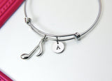 Silver Music Note Charm Bracelet, Stainless Steel Bangle, Personalized Initial, N2288
