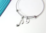 Silver Music Note Charm Bracelet, Stainless Steel Bangle, Personalized Initial, N2288