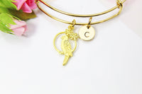 Gold Parrot Charm Bracelet, 18K Gold Plated Parrot Charm, Stainless Steel Bracelet, Personalized Initial or Zodiac Constellations Gift N2199