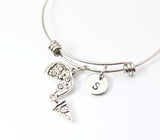 Silver Pizza Charm Bangle Bracelet, Food Jewelry, Personalized Initial