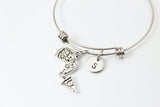 Silver Pizza Charm Bangle Bracelet, Food Jewelry, Personalized Initial
