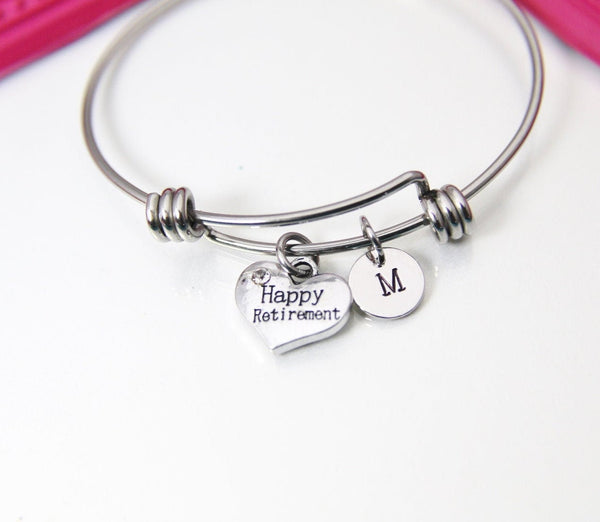 Silver Happy Retirement Charm Bracelet,  Happy Retirement Gift, Stainless Steel Bangle, Personalized Initial Jewelry, N2296