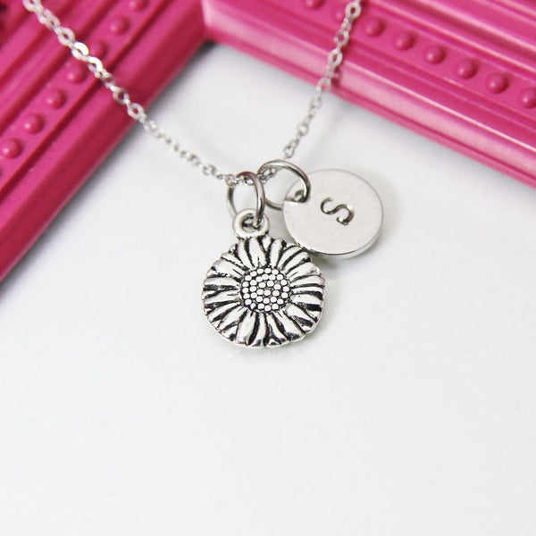 Silver Sunflower Charm Necklace, Flower Sunflower Jewelry, Stainless Steel Necklace Chain, Personalized Initial Monogram Gifts, N1535