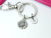 Silver Sunflower Charm Keychain, Sunflower Flower Charm, Girlfriends Gift, Personalized Custom Monogram, N2328
