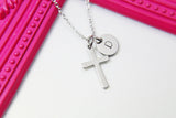 Silver Cross Charm Necklace, Stainless Steel Cross Necklace, Personalized Custom Monogram, N2343