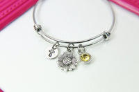 Silver Sunflower Cross Charm Bracelet, Stainless Steel Bracelet, Birthstone Jewelry, Flower Girl Jewelry, N2270