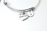 Silver Heart Good Luck Bracelet, Stainless Steel Bangle, Personalized Custom Monogram, N2605