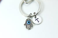Silver Hamsa Evil Eye Charm Keychain, Evil Eye Keychain, Personalized Custom Monogram, N2616