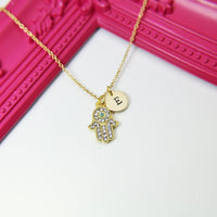 Gold Hamsa Evil Eye Charm Necklace, Hamsa Charm, Evil Eye Charm, Protective Protection Gift, Personalized Custom Monogram, N588