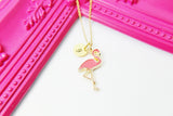 Gold Flamingo Charm Necklace, Flamingo Bird Charm Necklace, Pink Bird Jewelry, Personalized Customized Monogram Initial Necklace, N2678