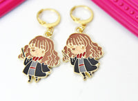 Gold Cute Girl Witch Charm Earrings, Cute Witch Charm, Little Witch Halloween Jewelry, Miniature Jewelry, N2698
