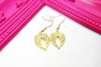 Gold Heart Guardian Angel Wings Charm Earrings, Beautiful Heart Guardian Angel Wings Earrings, Heart Guardian Angel Wings Jewelry, N2711