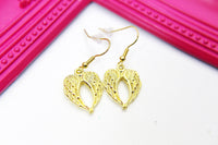 Gold Heart Guardian Angel Wings Charm Earrings, Beautiful Heart Guardian Angel Wings Earrings, Heart Guardian Angel Wings Jewelry, N2711
