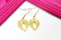 Gold Heart Guardian Angel Wings Charm Earrings, Beautiful Heart Guardian Angel Wings Earrings, Heart Guardian Angel Wings Jewelry, N2711