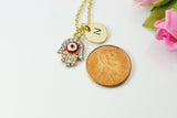 Gold Red Hamsa Evil Eye Charm Necklace, Personalized Customized Monogram Initial Necklace, N2726
