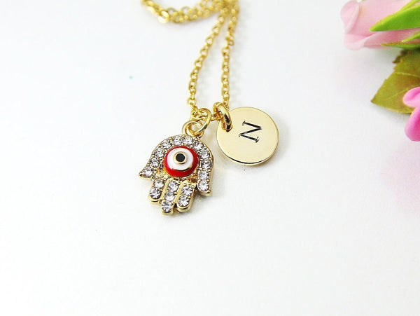 Gold Red Hamsa Evil Eye Charm Necklace, Personalized Customized Monogram Initial Necklace, N2726