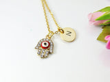 Gold Red Hamsa Evil Eye Charm Necklace, Personalized Customized Monogram Initial Necklace, N2726