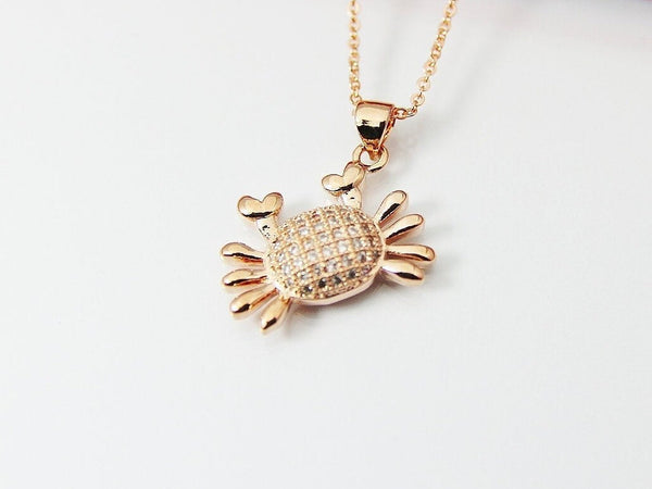 Rose Gold Crab Charm Necklace,  Beach Ocean Charm, Rose Gold Plated Brass Cubic Zirconia Pendants, N2728