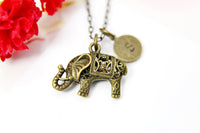 Bronze Elephant Charm Necklace, Wild Animal Charm, Initial Necklace, Personalized Jewelry, N2279