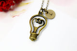 Best Christmas Gift, Bronze Light Bulb Charm Necklace, Bulb Charm, Science Club Gift, Initial Necklace, Personalized Jewelry, N2280