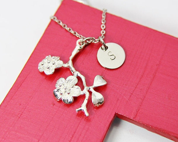 Silver Japanese Cherry Blossom Branch Necklace, Cherry Peach Plum Blossom  Flower Charm, N202