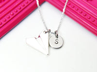 Best Christmas Gift, Silver Paper Airplane Charm Necklace, Personalized Monogram, N297-C