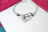 Silver Happy Retirement Charm Bracelet,  Happy Retirement Gift, Stainless Steel Bangle, Personalized Initial Jewelry, N2296