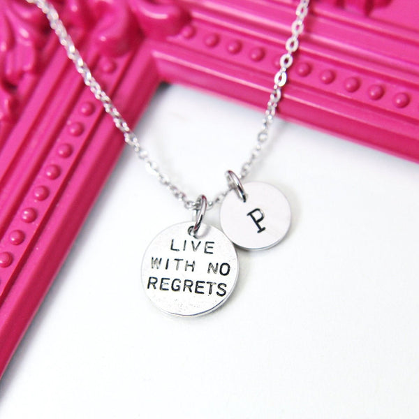 Silver Live With No Regrets Charm Necklace, Stainless Steel Necklace Chain, Personalized Customized Initial Monogram, N2303