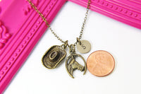 Cowboy Cowgirl Necklace, Silver or Bronze Horse Cowboy Hat Charm Necklace, 4 H Gift, Personalized Custom Monogram, N 2309