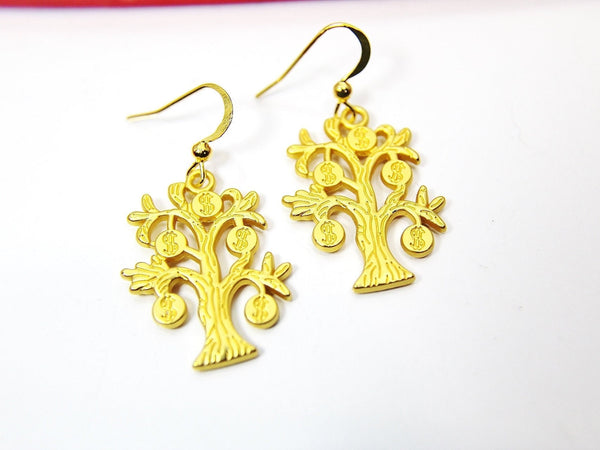 14K Gold Plated Tree Dollar Sign Money Charm Earrings, Tree Dollar Sign Money Jewelry, N2746