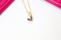 Gold Heart Charm Necklace, 18K Gold Plated Tiny Hot Pink  Heart Charm,  Cubic Zirconia Heart, N2347