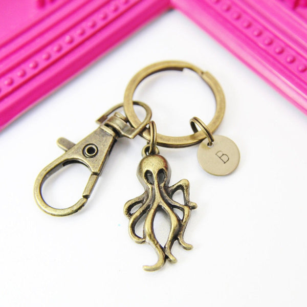 Bronze Octopus Charm Keychain, Ocean Sea Fish Charm, Personalized Customized Monogram, N2573