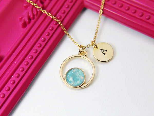 Gold Geometric Circle Opal Charm Necklace, Mint Green Opal Circle Charm, Geometric Jewelry, Personalized Gift, N2576