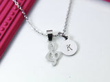 Stainless Steel Treble Clef Charm Necklace, Silver Music Note Charm, Personalized Customized Monogram Gift, N358
