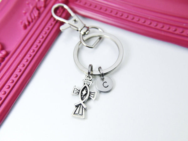 Silver Cross Charm Keychain, Cross Charms, Jesus Christian Fish Ichthus Charm, Personalized  Customized Monogram, N2590