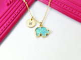 Gold Elephant Necklace, Elephant Charm, Green Necklace, Mint Green Imitation Opal Charm, Gold Necklace, Personalized Gift, N2609