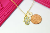 Gold Hamsa Evil Eye Charm Necklace, Hamsa Charm, Evil Eye Charm, Protective Protection Gift, Personalized Custom Monogram, N588