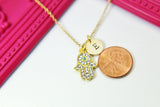 Gold Hamsa Evil Eye Charm Necklace, Hamsa Charm, Evil Eye Charm, Protective Protection Gift, Personalized Custom Monogram, N588