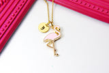 Gold Flamingo Charm Necklace, Flamingo Bird Charm Necklace, Pink Bird Jewelry, Personalized Customized Monogram Initial Necklace, N2677
