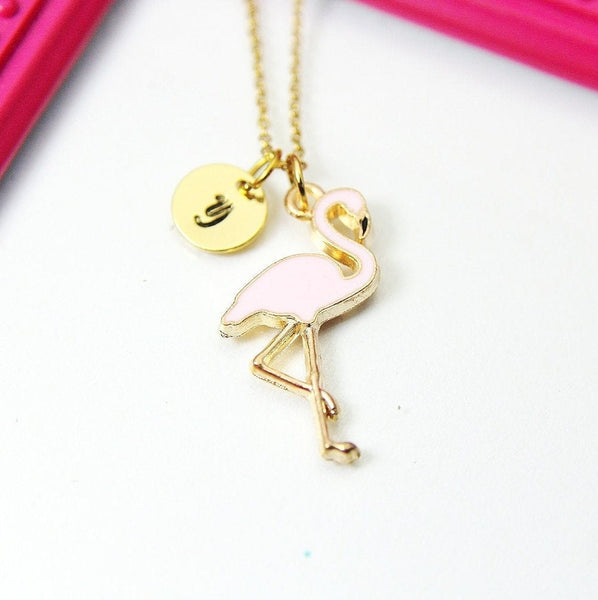 Gold Flamingo Charm Necklace, Flamingo Bird Charm Necklace, Pink Bird Jewelry, Personalized Customized Monogram Initial Necklace, N2677