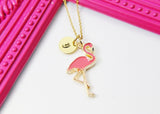 Gold Flamingo Charm Necklace, Flamingo Bird Charm Necklace, Pink Bird Jewelry, Personalized Customized Monogram Initial Necklace, N2678
