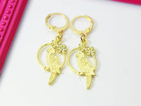 18K Gold Plate Parrot Charm Earrings, Parrot Flower Bird Animal Charm Earrings, Miniature Jewelry, N2688