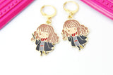 Gold Cute Girl Witch Charm Earrings, Cute Witch Charm, Little Witch Halloween Jewelry, Miniature Jewelry, N2698
