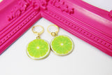 Gold Green Lime Charm Earrings, Beautiful Lemon Slice Earrings, Fruit Jewelry, N2707